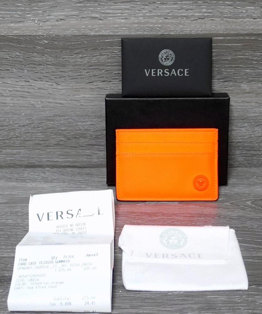 Versace Medusa Leather Card Holder Wallet Neon Orange