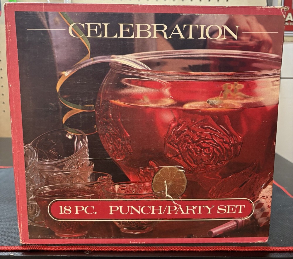 Vintage Indiana Glass 18-Piece Rose Embossed Crystal Punch Set