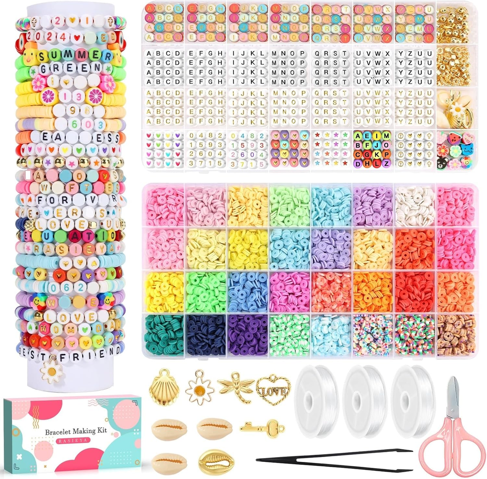 7340 Pcs 32-Color Clay Beads Bracelet Making Kit with 1260 Beads for DIY Friendship Jewelry