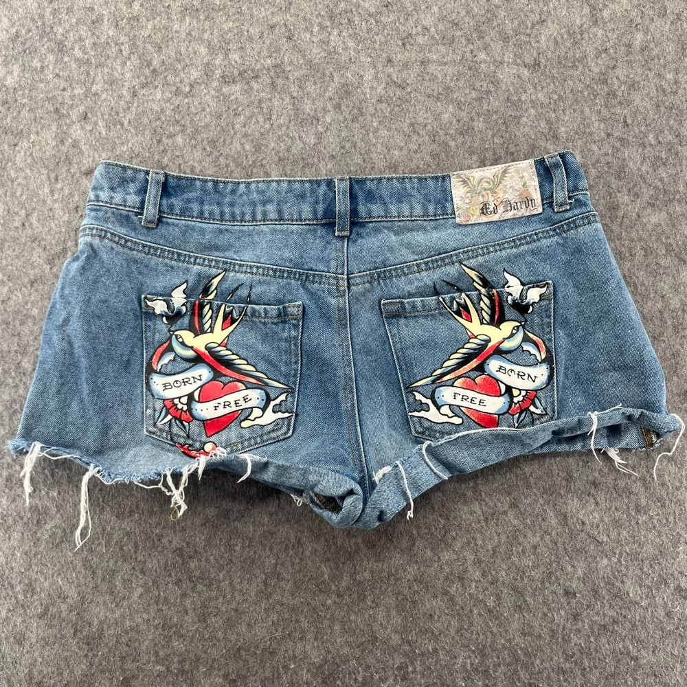 Ed Hardy Tattoo Denim Shorts Womens 30 Cut Off Raw Hem Born Free