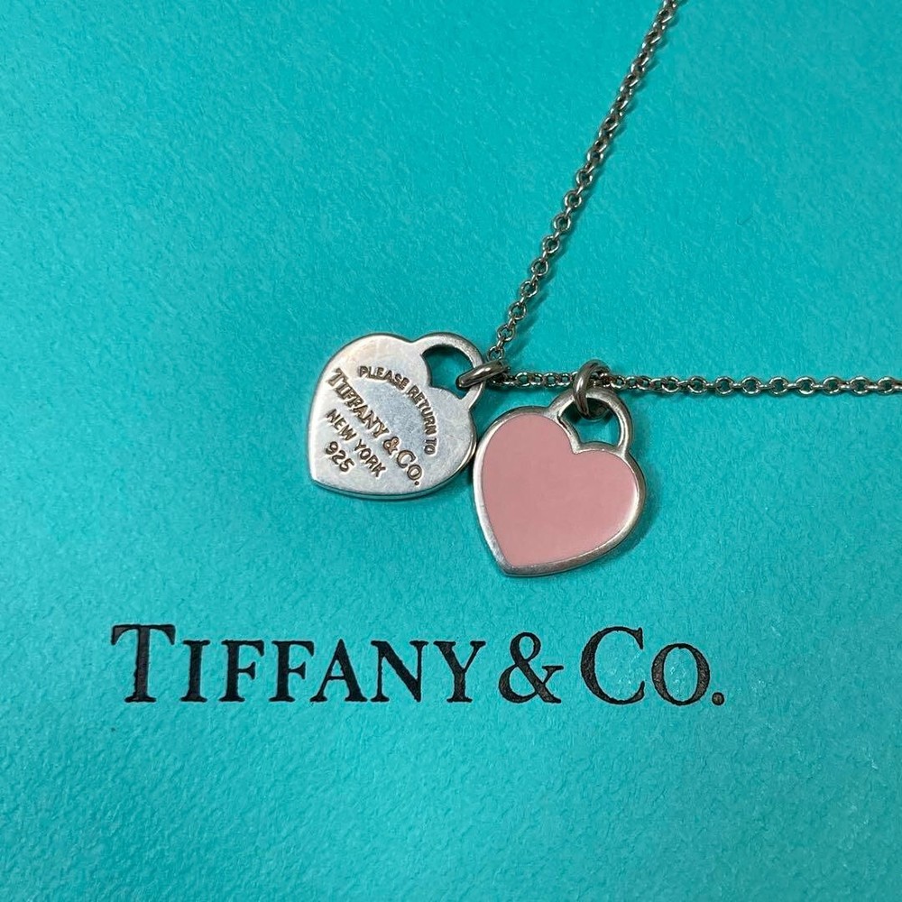 TIFFANY & Co. Return to Mini Double Pink Heart Enamel Pendant Necklace SV925