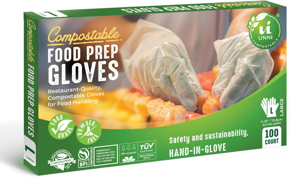 UNNI Compostable Food Prep Gloves, Restaurant-Quality, for Food Handling, Powder