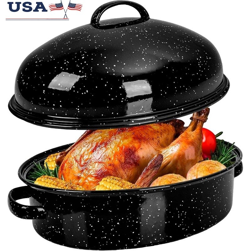 Premium Enamel Roasting Pan W/ Rack Domed Lid Ideal Turkey & Holiday Cooking New