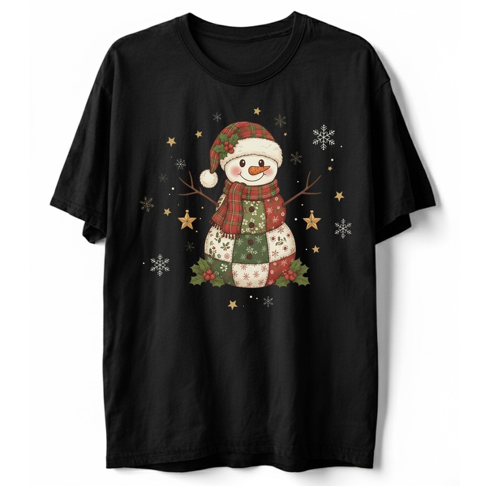 Cute Patchwork Snowman T-Shirt Country Christmas Quilted Plaid Holiday Xmas Gift