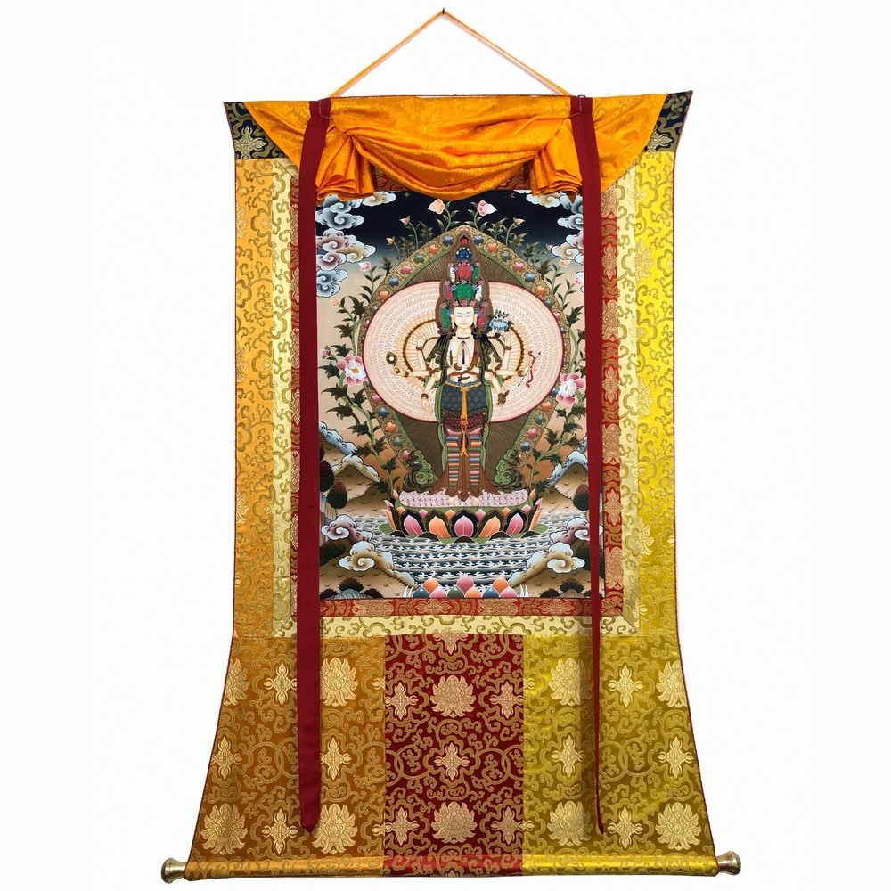 High-Quality Avalokiteshvara Thangka with Silk Brocade Mounting