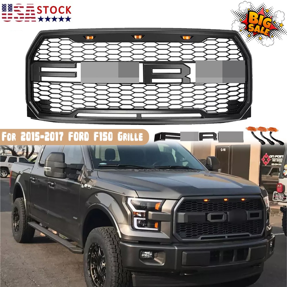 For 2015-2017 Ford F150 Front Grille Raptor Style Matte Black W/Letters & Lights
