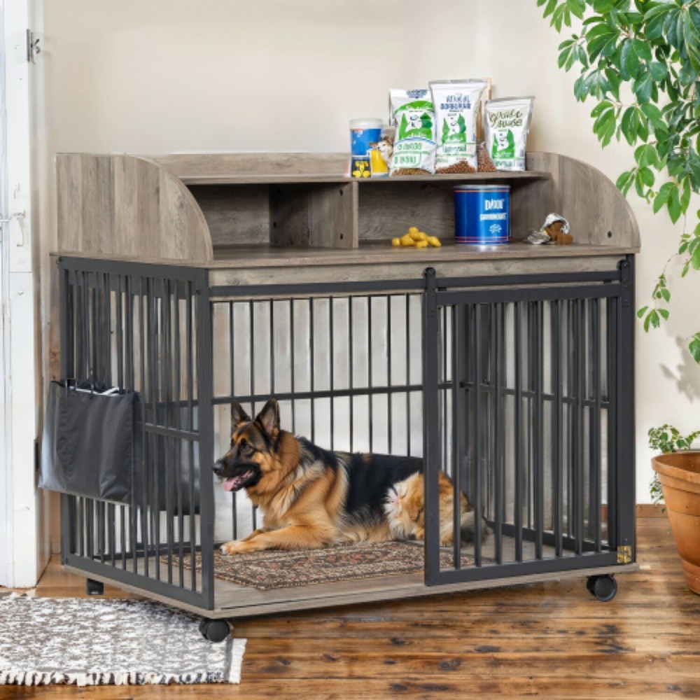 44'' Gray Heavy Duty Large Dog Crate with Lockable Wheels,Double layer storage