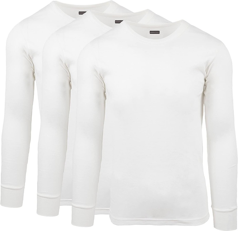 Andrew Scott Mens 3 PK Premium Cotton Top Long Sleeve Crew Neck T-Shirt White M