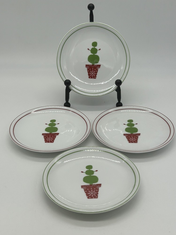 Starbucks 2006 Holiday Snowman Appetizer Plates Set of 4 Christmas Topiary Design