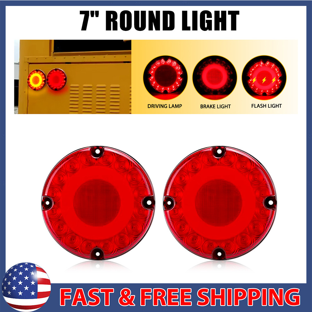 2PC Red 7-Inch Round LED Trailer Tail Lights with Stop Turn Signal and DRL Brake Function