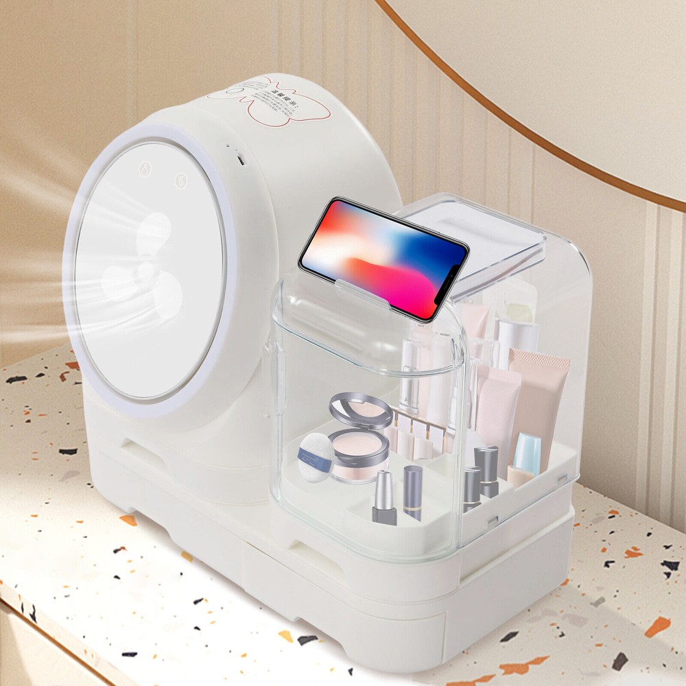 Cosmetic Makeup Box Organizer Storage Case 360° Rotation Mirror+LED Light