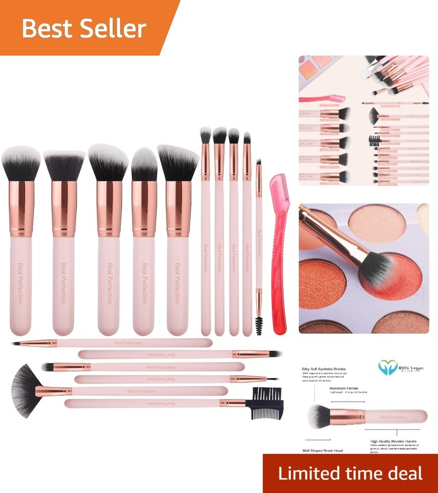 Synthetic Makeup Brush Set - 16 Brushes and Eyebrow Razor in Pink