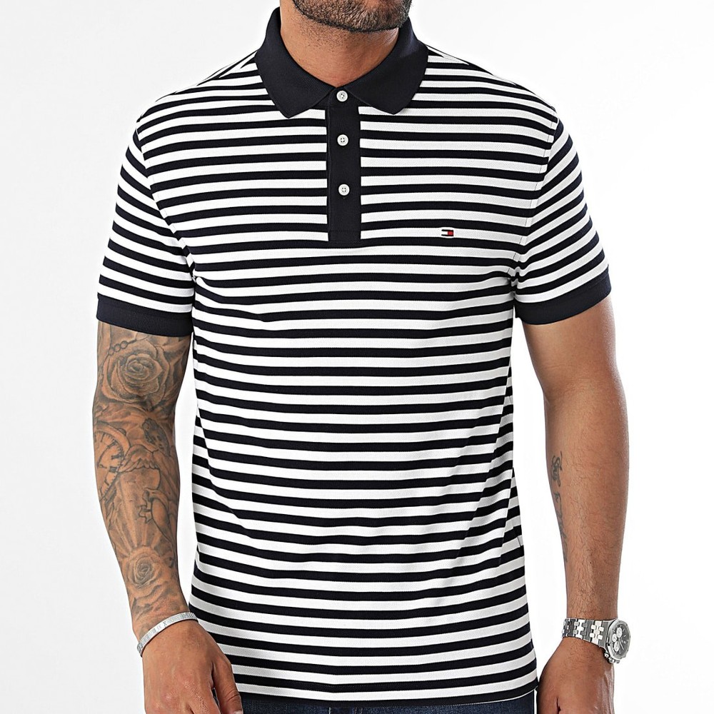 TOMMY HILFIGER Striped White Navy The 1985 Polo Shirt Classic Fit Cotton 2XL