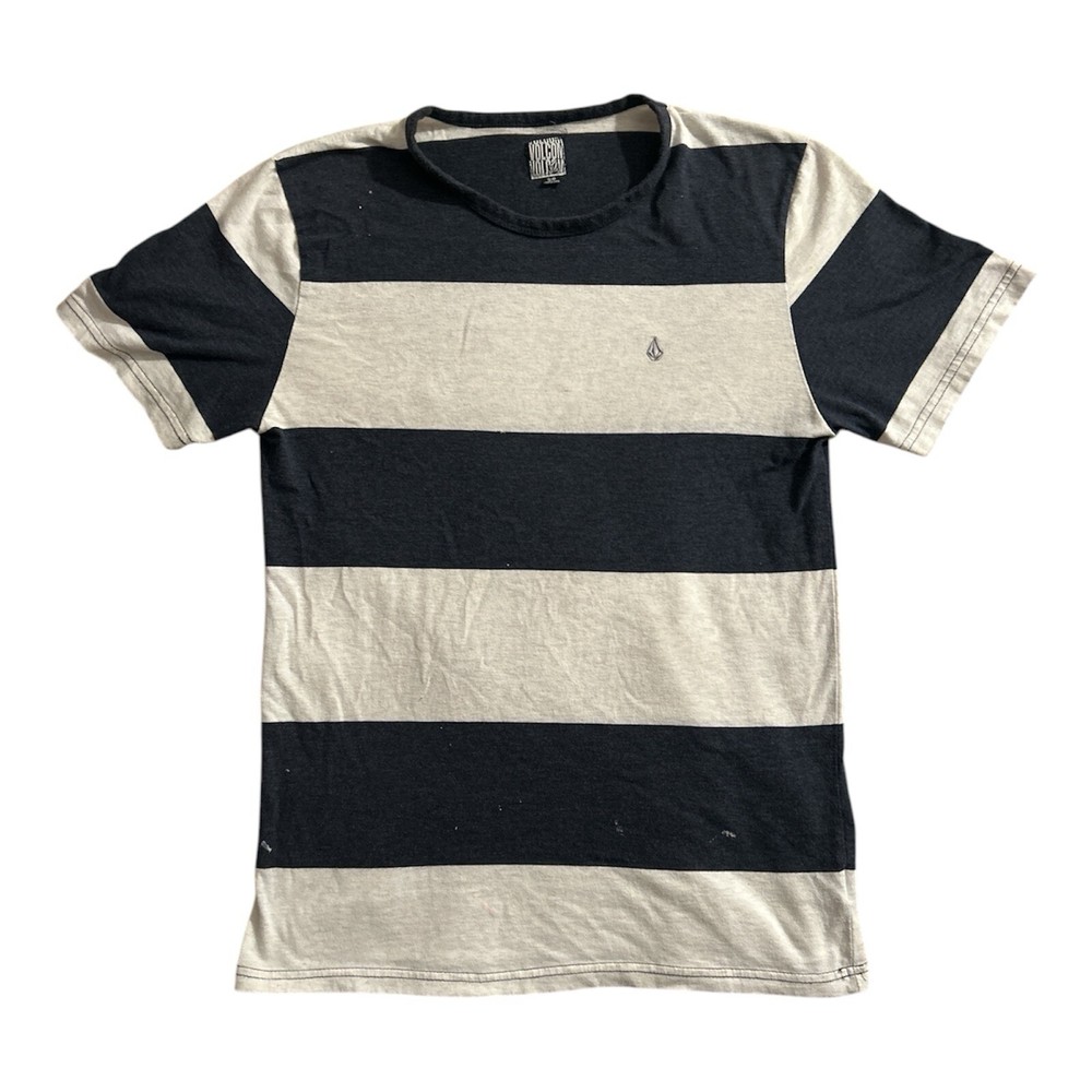 Volcom Shirt Small Adult White Blue Striped Stretch Cotton Logo Skateboard Mens