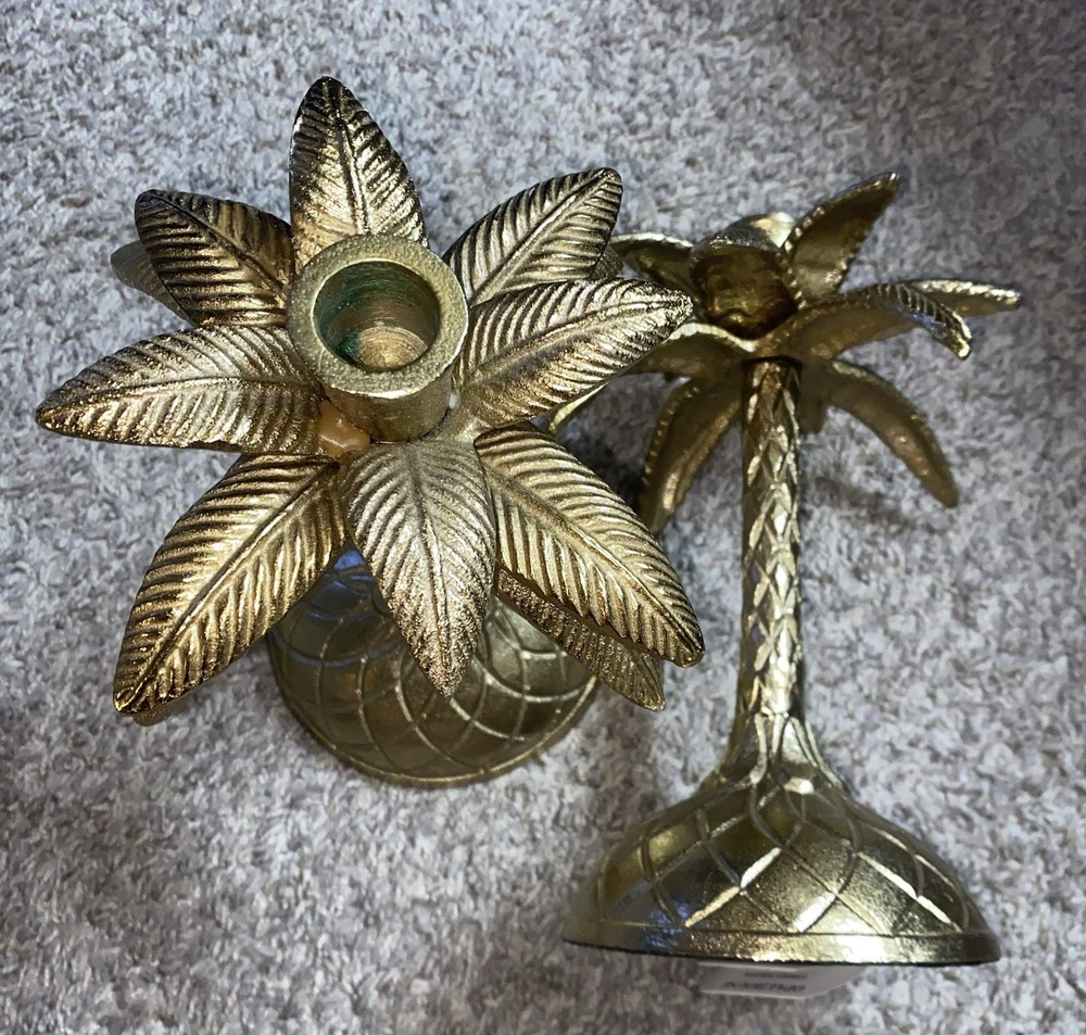 PAIR of HollRegency Brass Palm Tree Candlestick Candle Holders