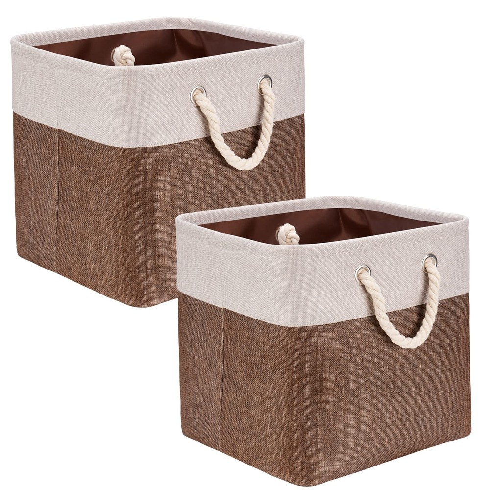 Beige and Brown 13x13x12.5 Inch Fabric Cube Storage Bins with Handles