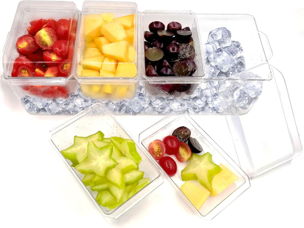 Ice Chilled Condiment Caddy with 4 Containers 2.8 Cup Condiment Server with Lids