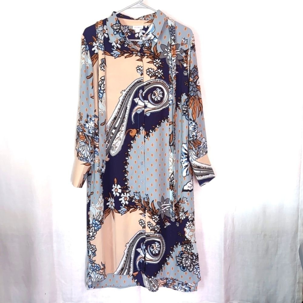 Lularoe Ellie Blue Paisley Button Front Midi Dress Size M Long Sleeve  