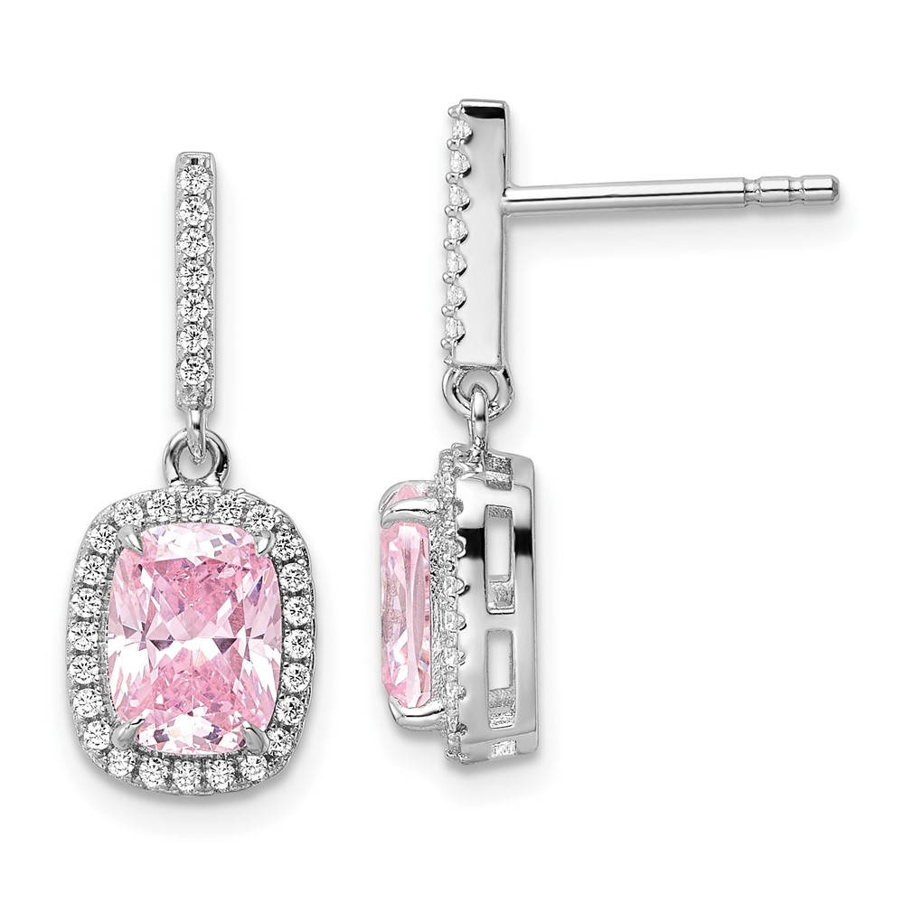 Sterling Silver Pink & White Cubic Zirconia Post Drop & Dangle Earrings 3.06gm