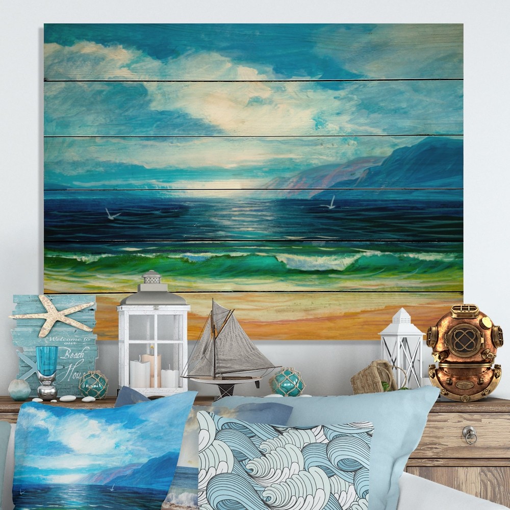 Designart 'Morning Sunlight On The Sea Waves XXII' Nautical & Coastal Wood Wall