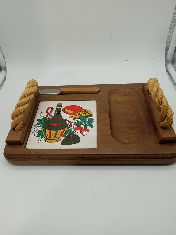 MCM Cheese Board w/Knife Wood & Ceramic Tile  Rope Handles Bright Colors