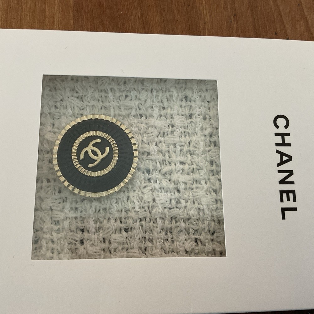 Authentic Chanel Gold Navy CC Logo Button with Fabric Swatch New