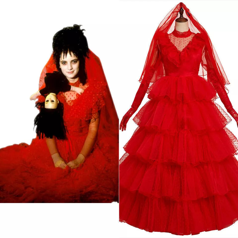 Beetlejuice Lydia Cosplay Costume Red Wedding Dress Outfits Halloween Fancy Suit