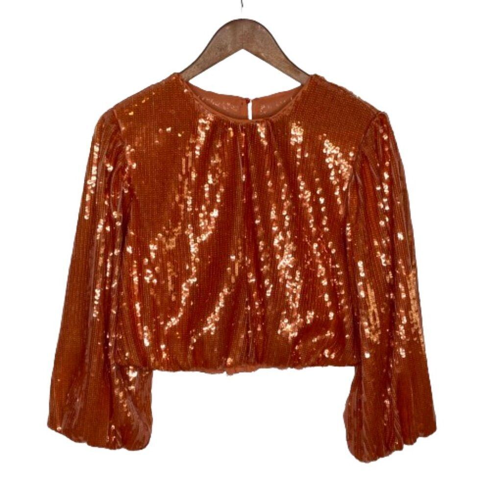 J. Crew Womens Bubble Sleeve Sequin Crop Top Size Small Orange Party Disco Y2K