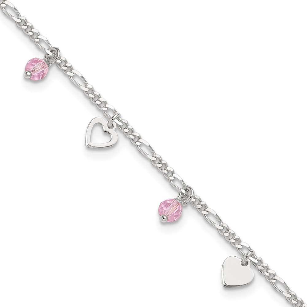 Sterling Silver Pink Glass Bead Heart Anklet with 1 Inch Extender 9in 4.26g