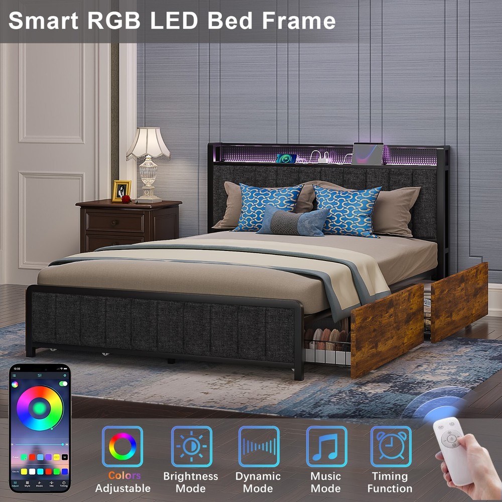 Queen Size Heavy Duty Metal Bed Frame with Shelf Charging Station and 4 Drawers