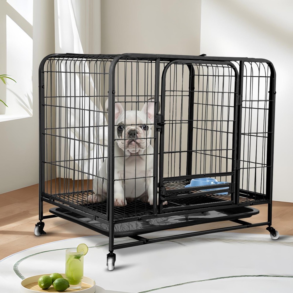 Heavy Duty Metal Dog Cage with Wheels and Tray in Black Sizes S M L