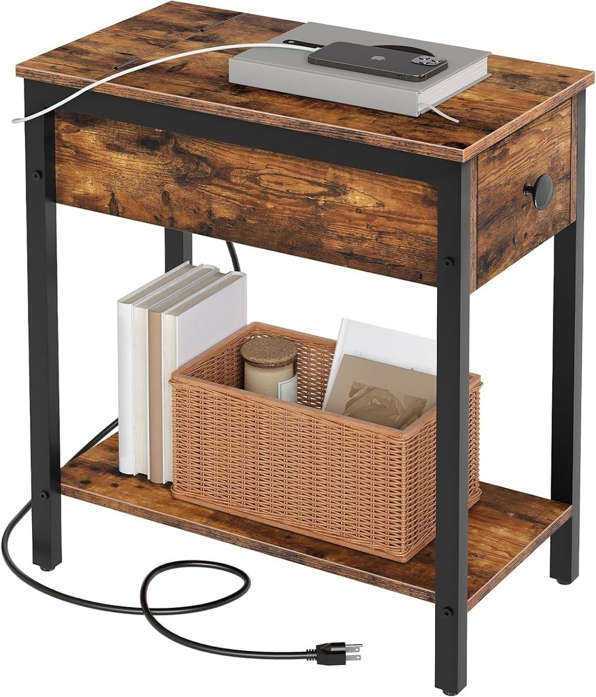 HOOBRO Rustic Brown and Black Narrow End Table with USB Charging Station