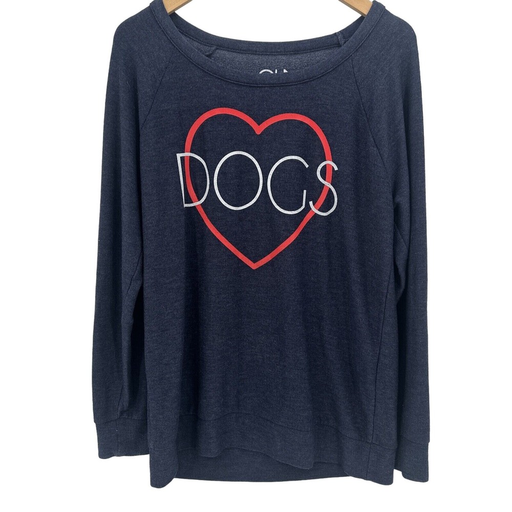 CHASER Sweatshirt Womens Large DOGS Heart Blue Pullover Comfy Long Sleeves