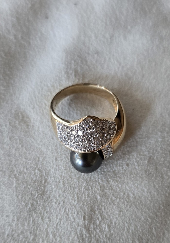 14K Yellow Gold Tahitian Pearl & Diamond Cocktail Ring Size 8.5