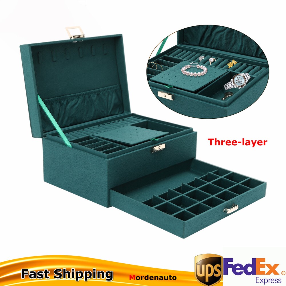 3 Layers Jewelry Organizer Storage Case Flannel Jewellery Box w/Drawers And Lock