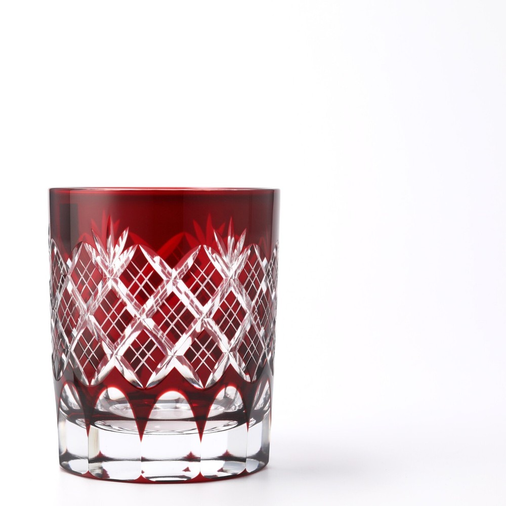 Edo Kiriko Japanese Cut Glass –Red Whiskey Rock Glass  Gift Box Made in Japan