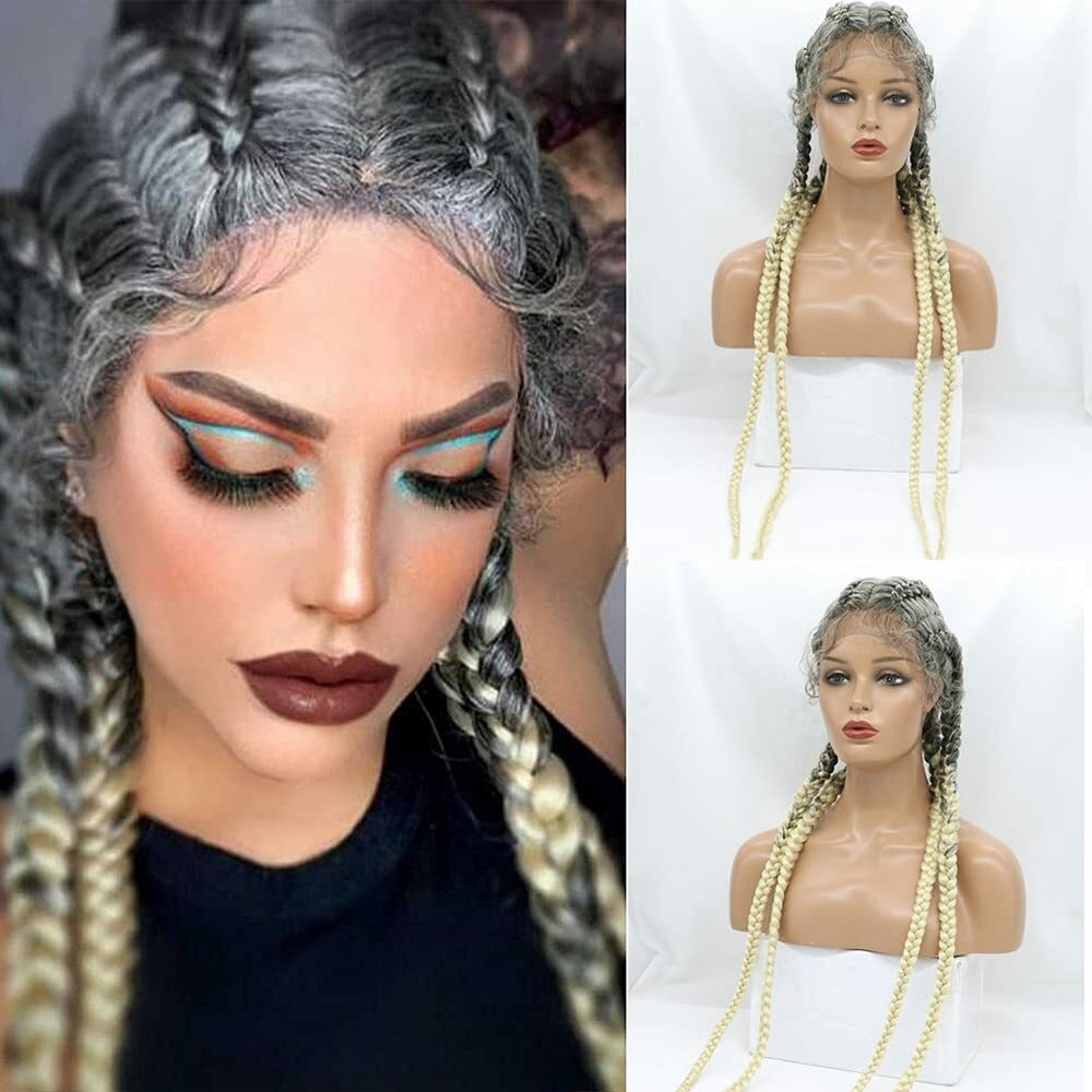 Gray Root Blonde Cornrow Lace Front Wig Glueless Box Braids for African Hair