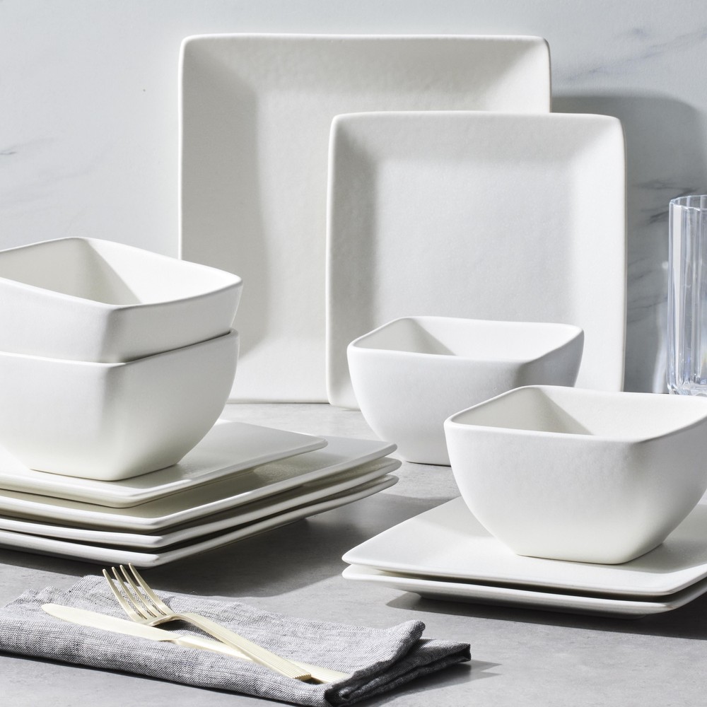 Better Homes & Gardens-Cream Square Stoneware 12-Piece Dinnerware Set