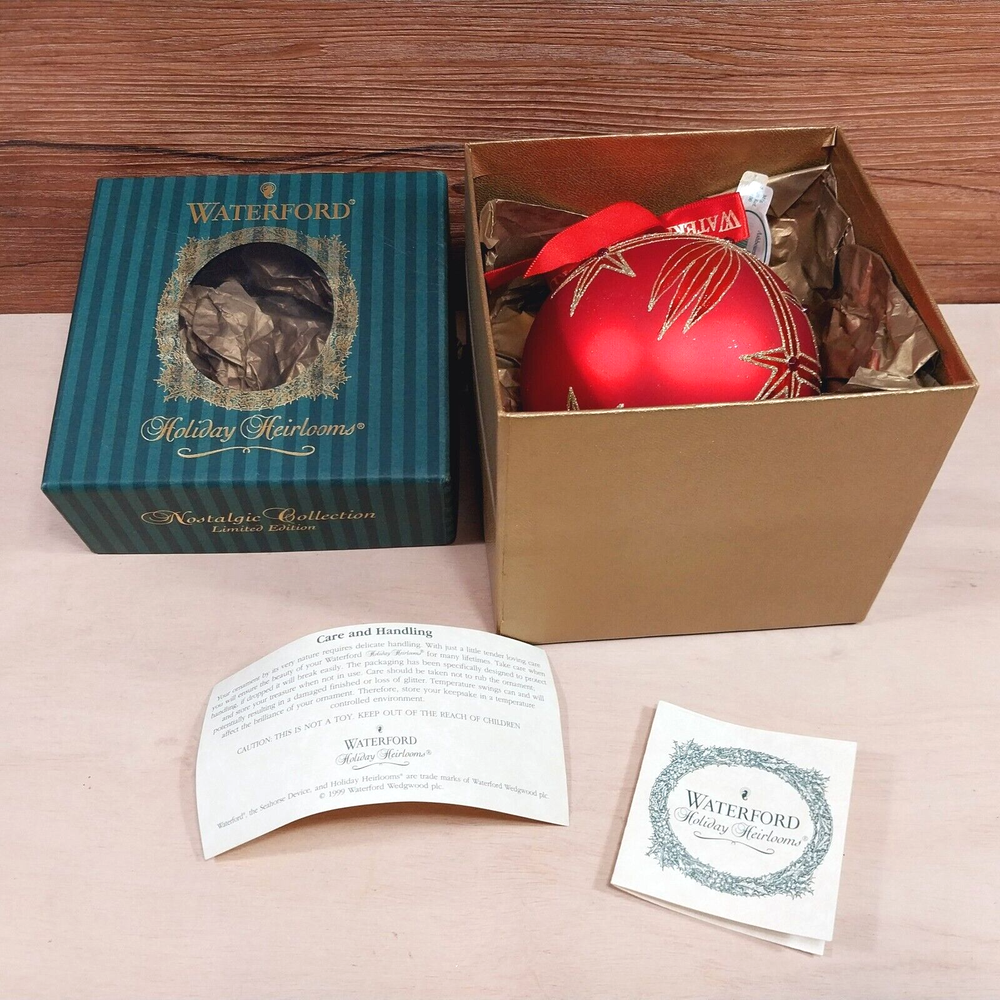 Waterford Ashbourne Red Velvet Christmas Ball with Gold Glitter Ornament in Gift Box