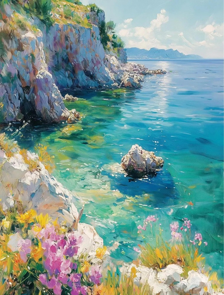 Sea Rocks Pink Flowers Blue Water Art Unframed Canvas Print Australian Wall Art