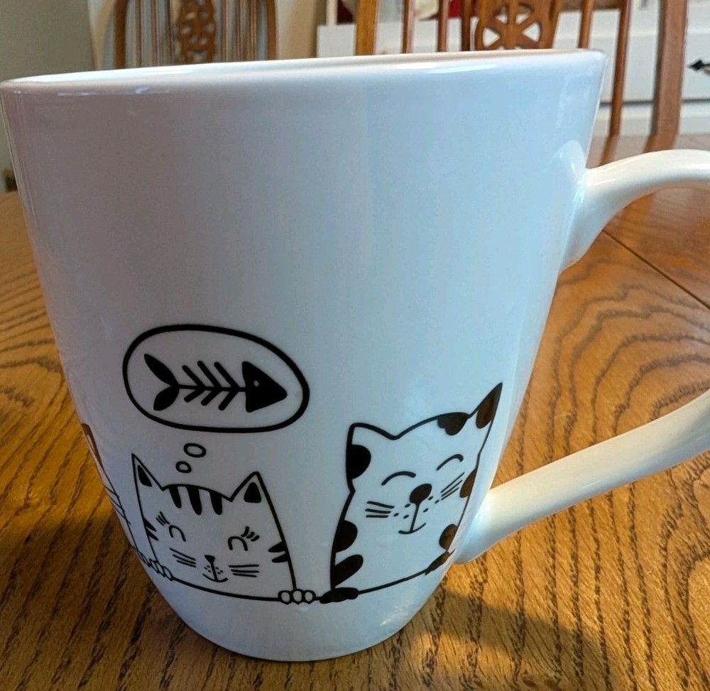 Whimsical Black and White Cat Design 16 oz Porcelain Coffee Mug