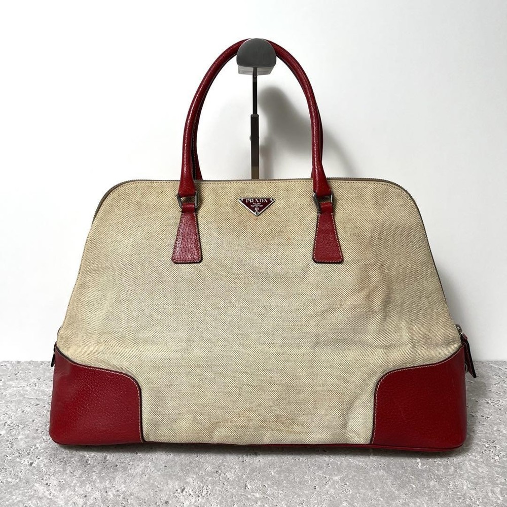 Prada Canvas and Leather Tote Bag with Iconic Triangle Logo