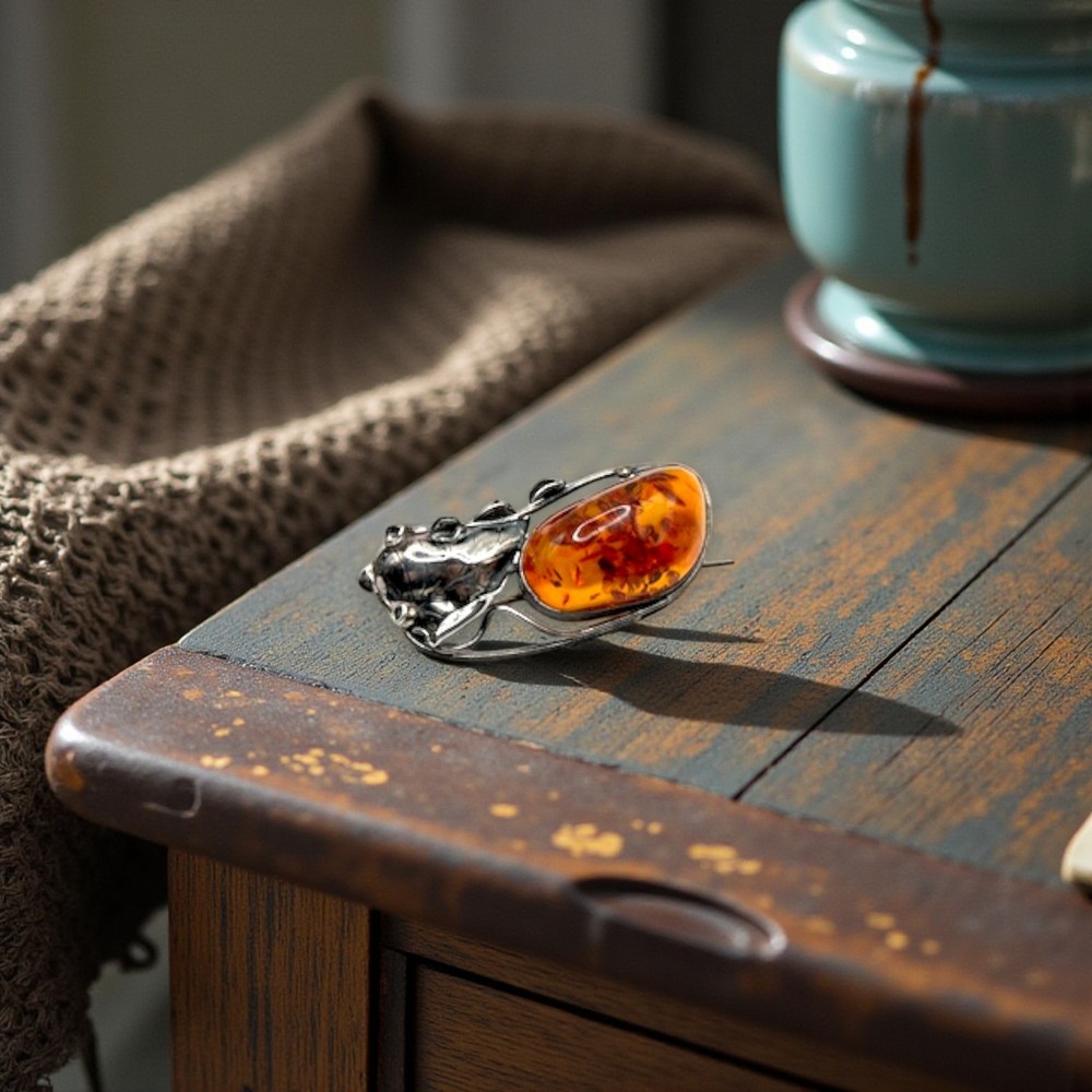 Handmade Art Nouveau Vintage Sterling Silver Brooch & Large Baltic Amber Stone