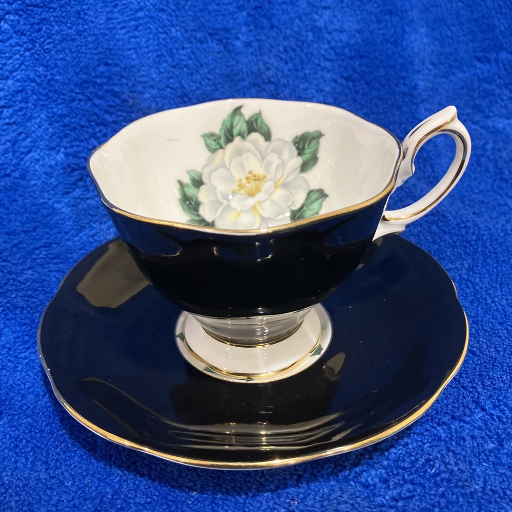 Royal Albert Tea Cup And Saucer Black With White Rose