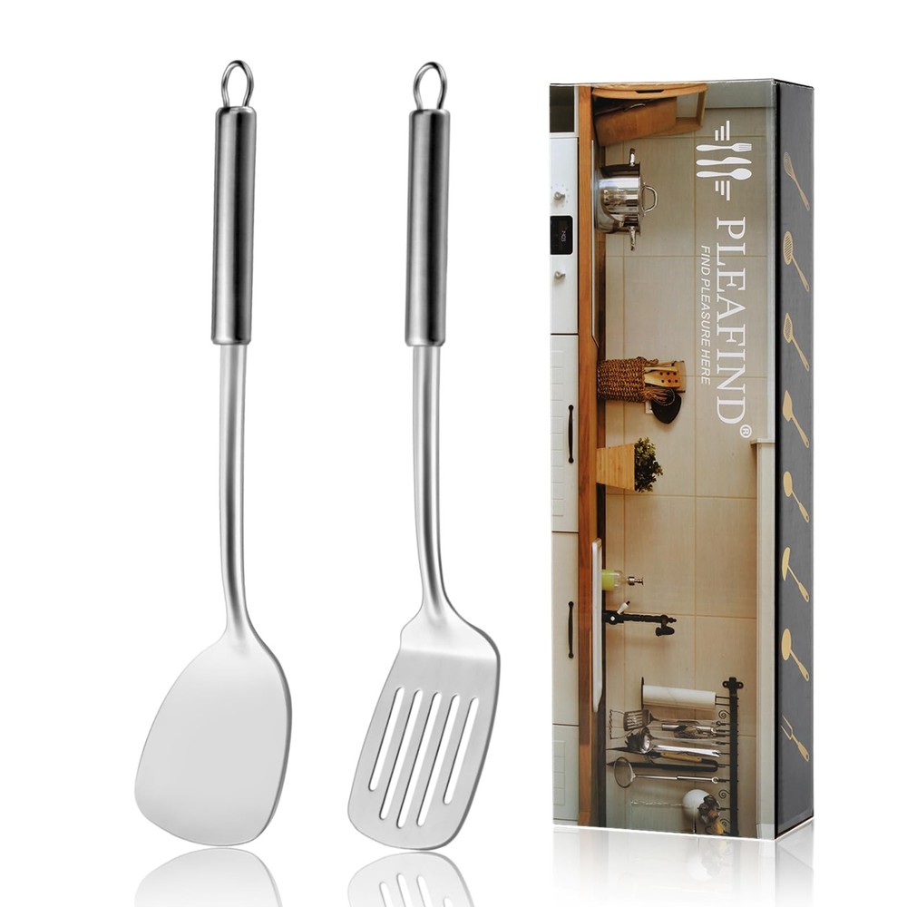 2-Pcs Solid & Slotted Spatula Set, 304 Stainless Steel Spatula, Metal Spatula...