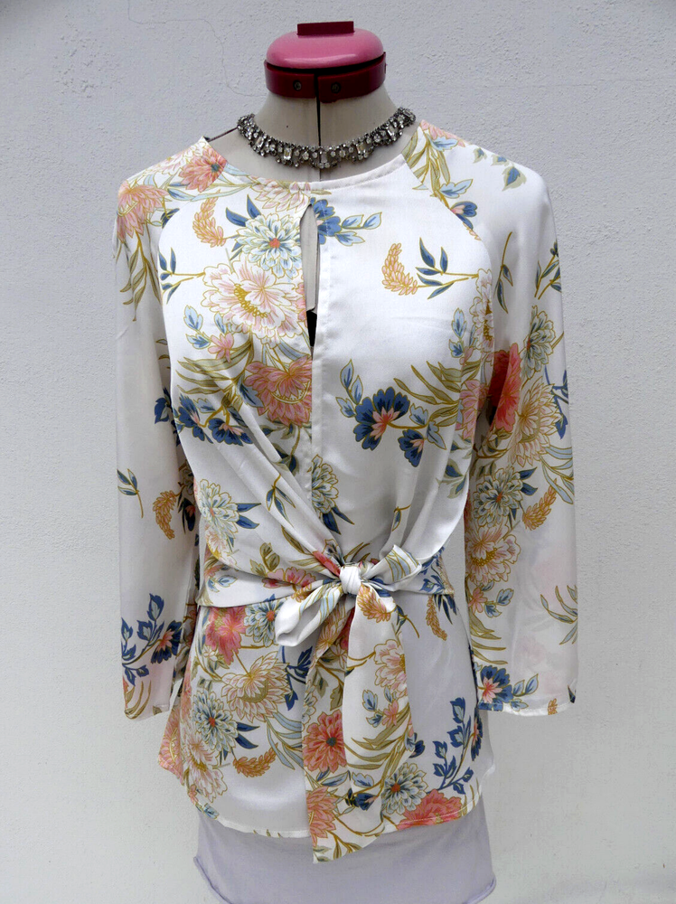 PORTMANS White Floral Print BLOUSE Size 12 Top Tie Front Pink Desk to Dinner