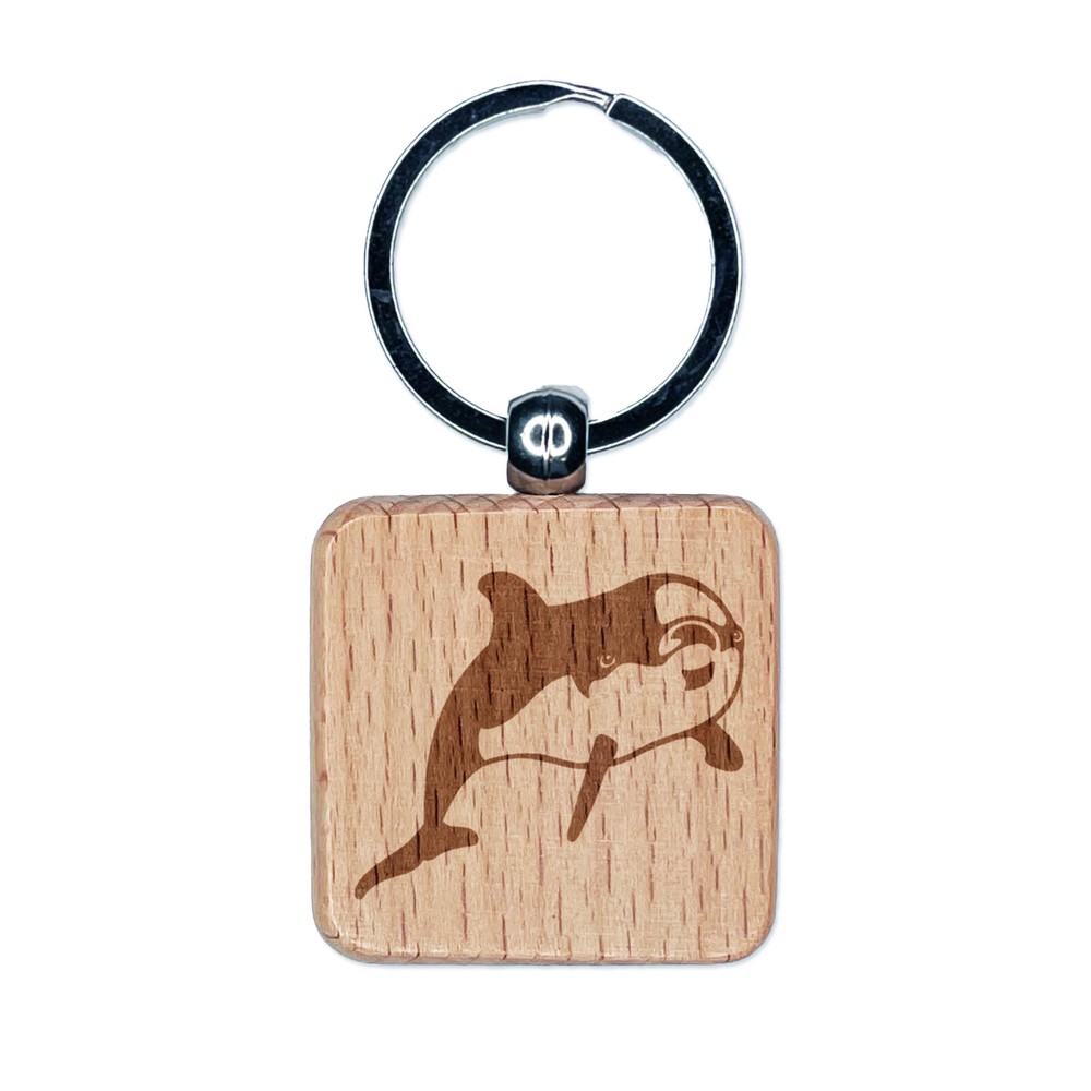 Curious Dolphin Engraved Wood Square Keychain Tag Charm
