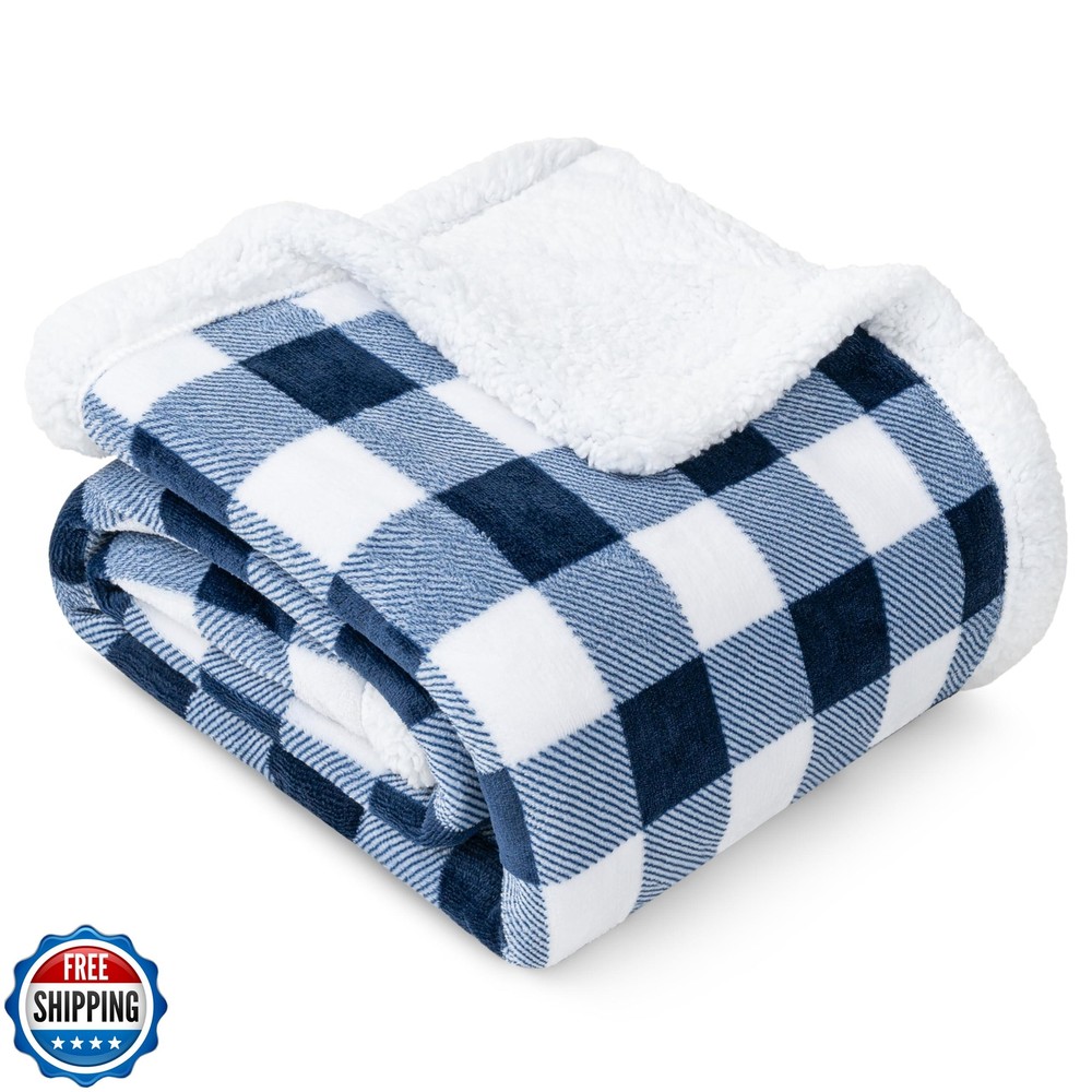 Navy Blue White Buffalo Plaid Sherpa Throw Blanket Cozy Soft Warm Flannel Couch Blanket