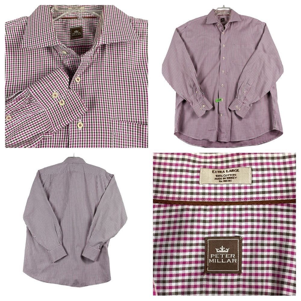 Men's Peter Millar Light Purple & Brown Plaid 100% Cotton Button Down XL 0076
