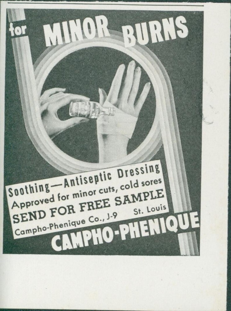 1936 Campho Phenique Soothing Antiseptic Burns Dressing Sample Ad LHJ5